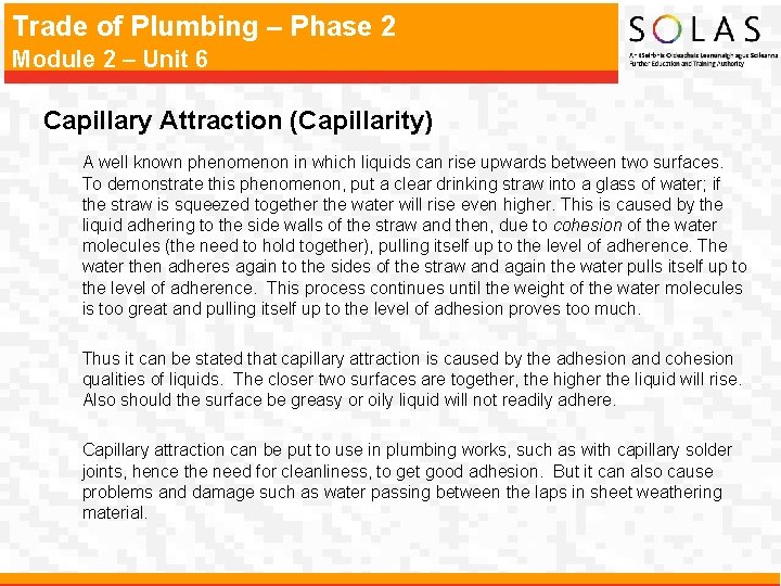 Trade of Plumbing – Phase 2 Module 2 – Unit 6 Capillary Attraction (Capillarity)