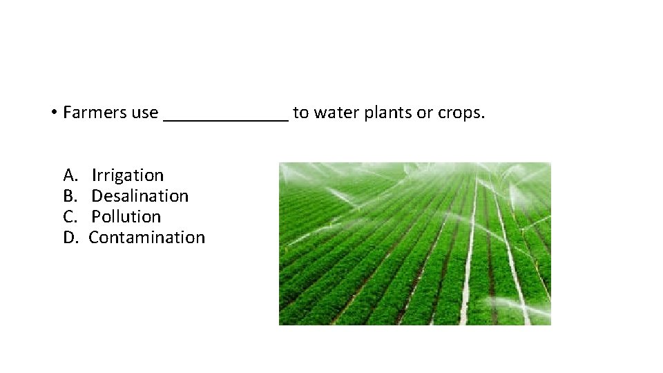 • Farmers use _______ to water plants or crops. A. B. C. D. • Farmers use _______ to water plants or crops. A. B. C. D.