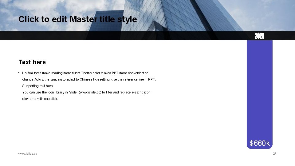 Click to edit Master title style Text here $100 k • Unified fonts make