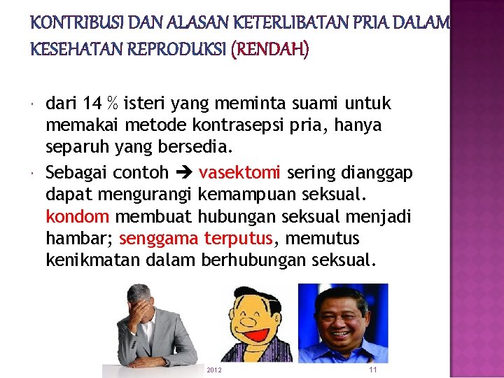 KONTRIBUSI DAN ALASAN KETERLIBATAN PRIA DALAM KESEHATAN REPRODUKSI (RENDAH) dari 14 % isteri yang