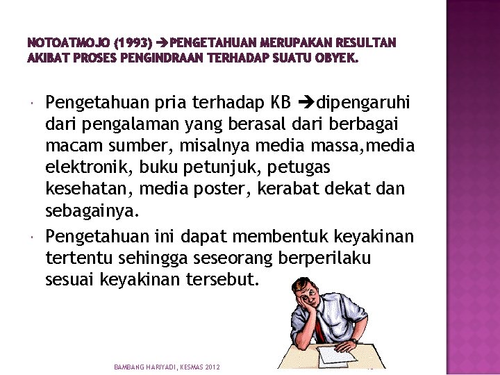 NOTOATMOJO (1993) PENGETAHUAN MERUPAKAN RESULTAN AKIBAT PROSES PENGINDRAAN TERHADAP SUATU OBYEK. Pengetahuan pria terhadap