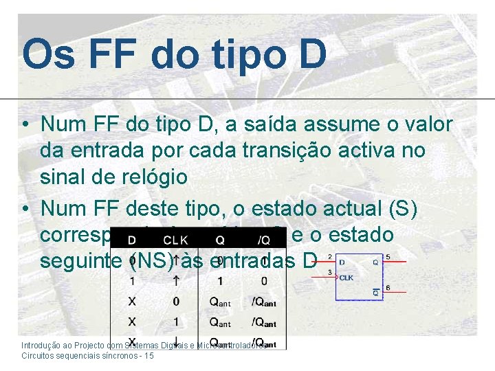 Os FF do tipo D • Num FF do tipo D, a saída assume