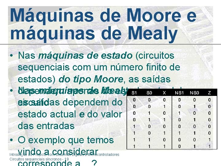 Máquinas de Moore e máquinas de Mealy • Nas máquinas de estado (circuitos sequenciais