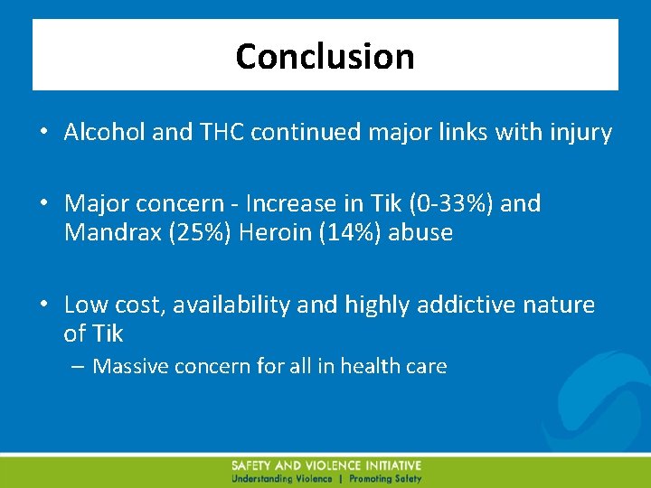 Conclusion • Alcohol and THC continued major links with injury • Major concern -