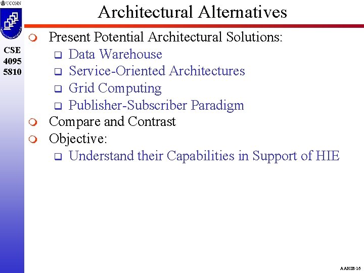 Architectural Alternatives m CSE 4095 5810 m m Present Potential Architectural Solutions: q Data
