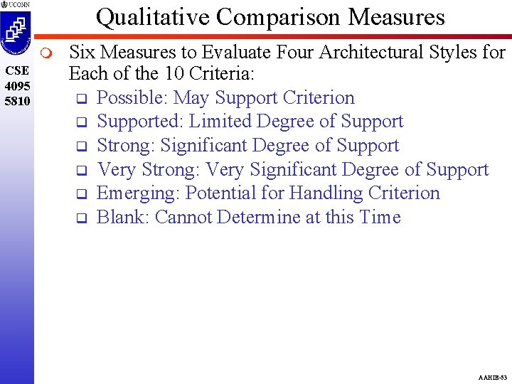 Qualitative Comparison Measures m CSE 4095 5810 Six Measures to Evaluate Four Architectural Styles