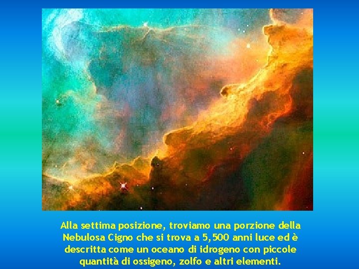 Alla settima posizione, troviamo una porzione della Nebulosa Cigno che si trova a 5,