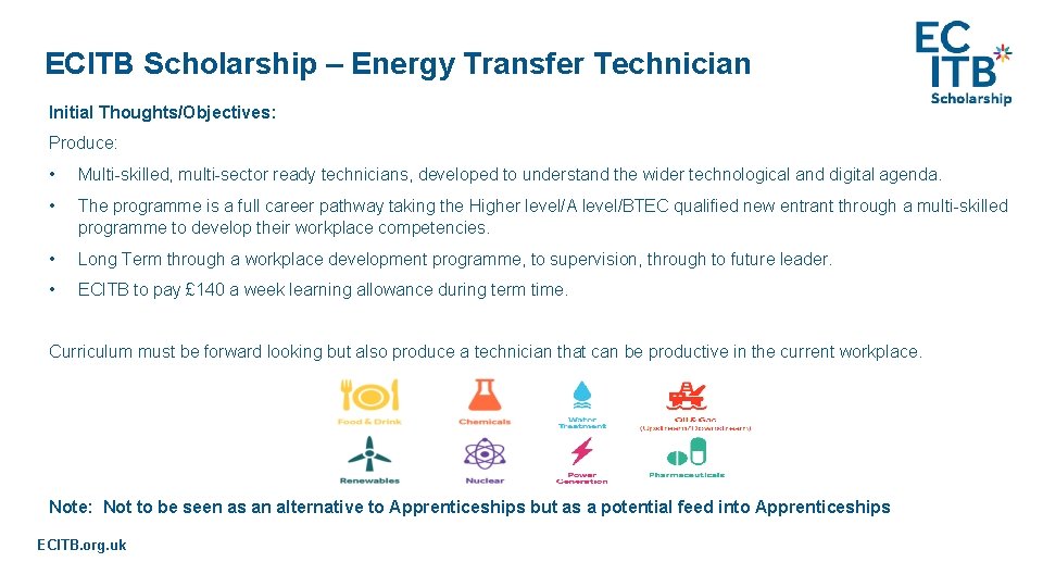 ECITB Scholarship – Energy Transfer Technician Initial Thoughts/Objectives: Produce: • Multi-skilled, multi-sector ready technicians,