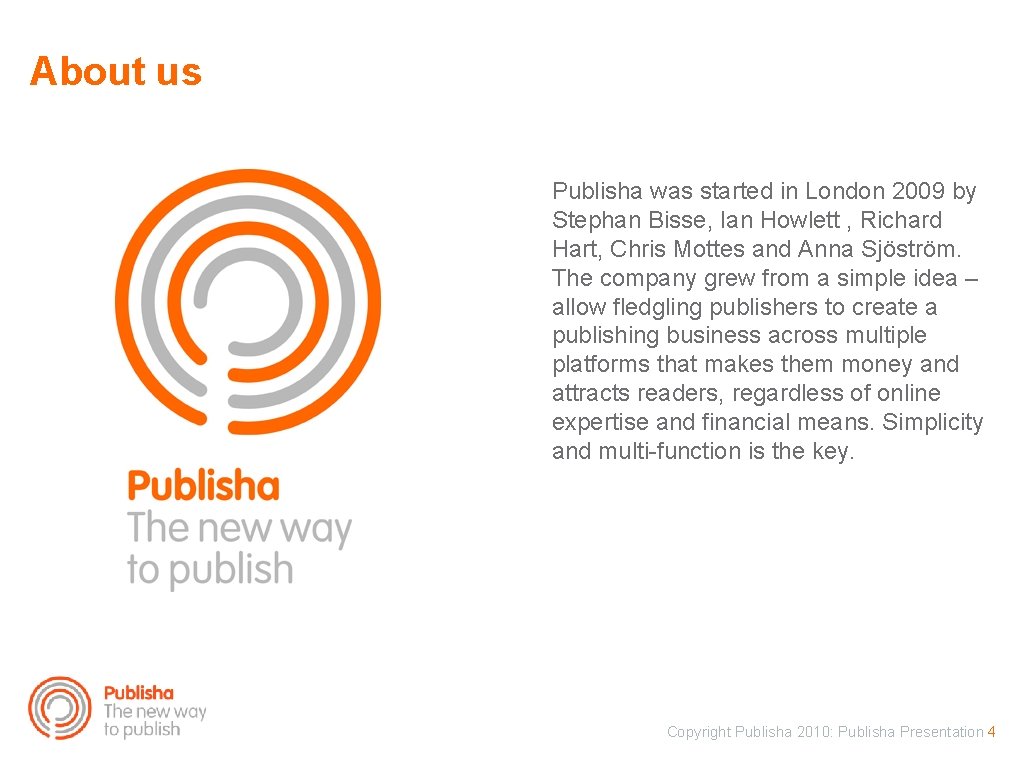 About us Publisha was started in London 2009 by Stephan Bisse, Ian Howlett ,