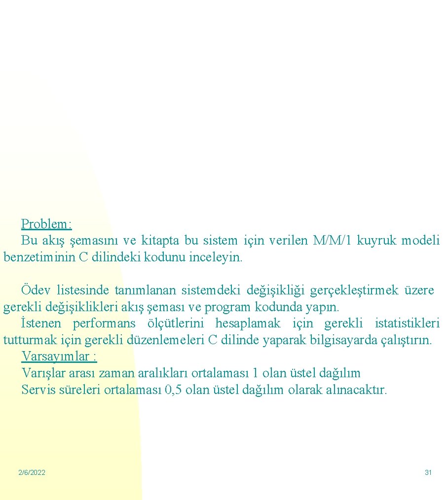 Problem: Bu akış şemasını ve kitapta bu sistem için verilen M/M/1 kuyruk modeli benzetiminin