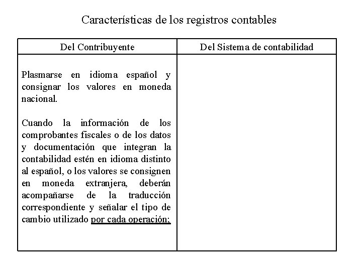 Características de los registros contables Del Contribuyente Plasmarse en idioma español y consignar los