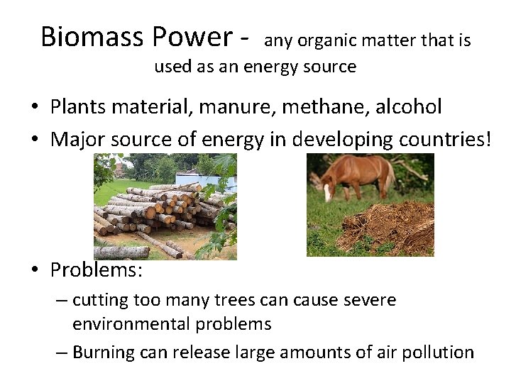 Biomass Power - any organic matter that is used as an energy source •
