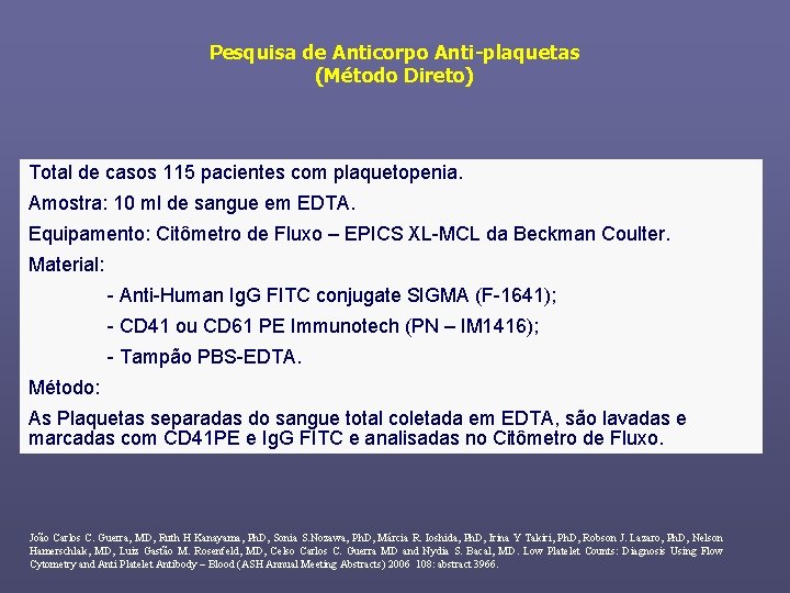 Pesquisa de Anticorpo Anti-plaquetas (Método Direto) Total de casos 115 pacientes com plaquetopenia. Amostra: