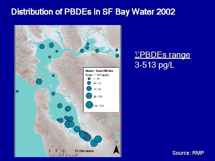 Distribution of PBDEs in SF Bay Water 2002 PBDEs range 3 -513 pg/L Source: