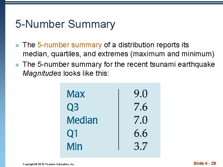 5 -Number Summary n n The 5 -number summary of a distribution reports its