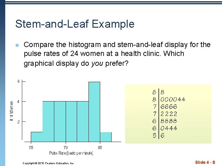 Stem-and-Leaf Example n Compare the histogram and stem-and-leaf display for the pulse rates of