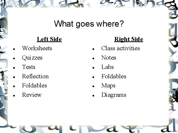 What goes where? Left Side Worksheets Quizzes Tests Reflection Foldables Review Right Side Class