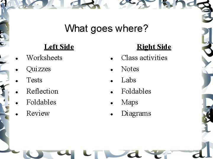 What goes where? Left Side Worksheets Quizzes Tests Reflection Foldables Review Right Side Class