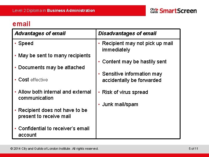 Level 2 Diploma in Business Administration email Advantages of email Disadvantages of email •