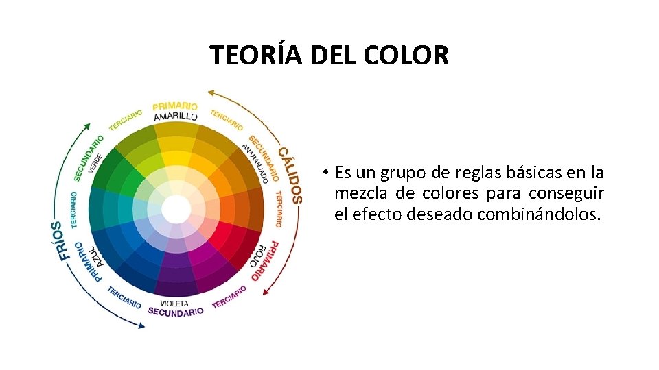 TEORÍA DEL COLOR • Es un grupo de reglas básicas en la mezcla de