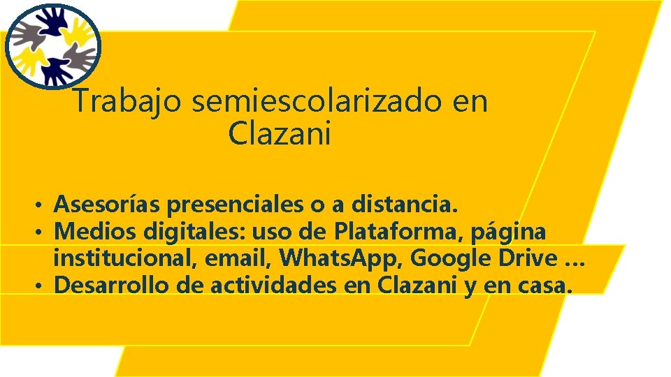 Trabajo semiescolarizado en Clazani • Asesorías presenciales o a distancia. • Medios digitales: uso