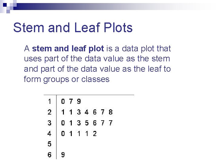 Stem and Leaf Plots A stem and leaf plot is a data plot that