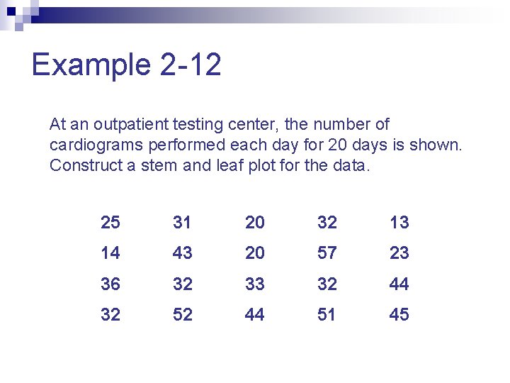 Example 2 -12 At an outpatient testing center, the number of cardiograms performed each