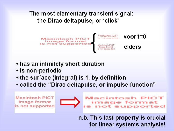 The most elementary transient signal: the Dirac deltapulse, or ‘click’ voor t=0 elders •