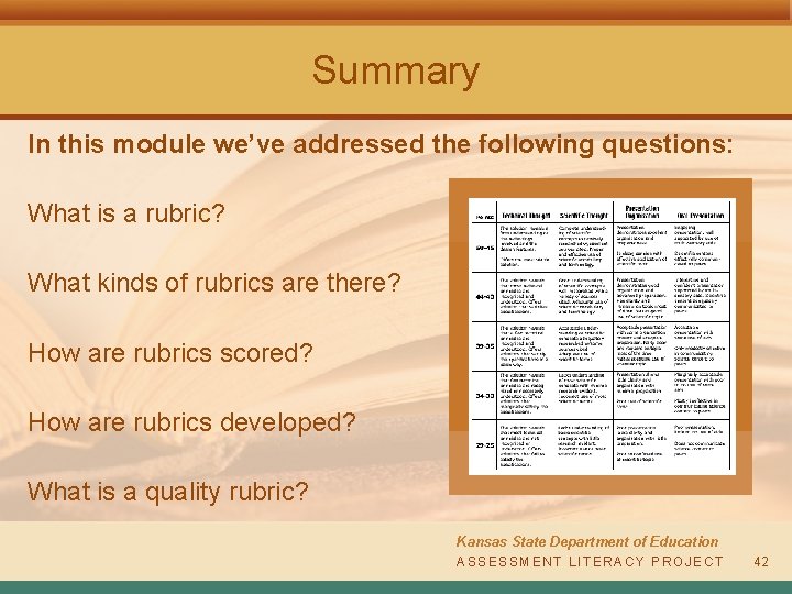 Summary In this module we’ve addressed the following questions: What is a rubric? What