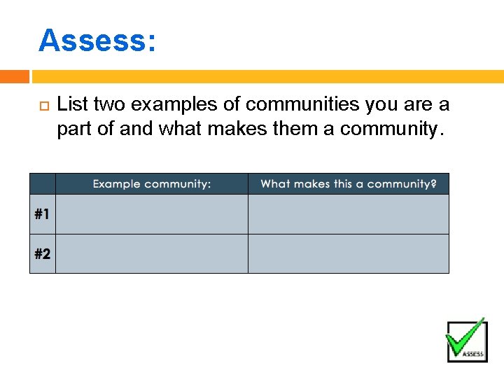 Assess: List two examples of communities you are a part of and what makes