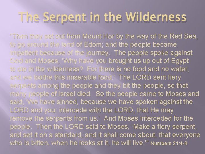 The Serpent in the Wilderness “Then they set out from Mount Hor by the