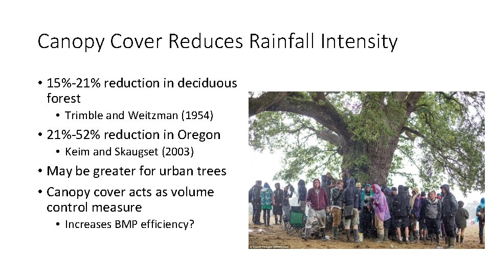 Canopy Cover Reduces Rainfall Intensity • 15%-21% reduction in deciduous forest • Trimble and