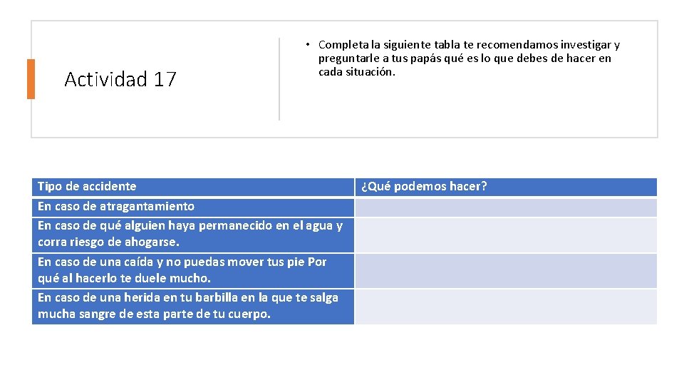 Actividad 17 • Completa la siguiente tabla te recomendamos investigar y preguntarle a tus Actividad 17 • Completa la siguiente tabla te recomendamos investigar y preguntarle a tus
