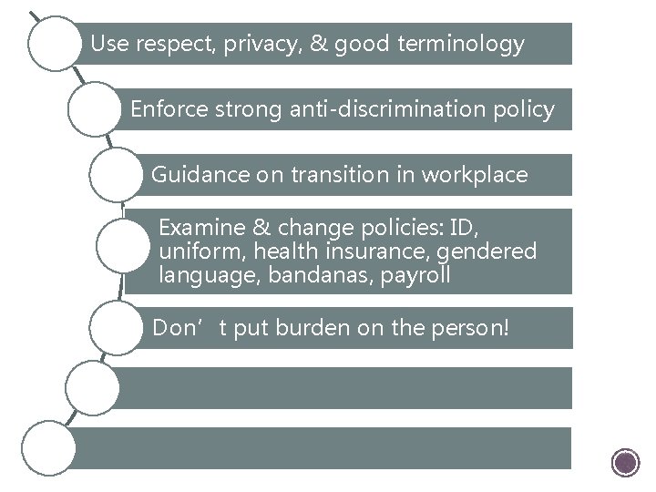 Use respect, privacy, & good terminology Enforce strong anti-discrimination policy Guidance on transition in