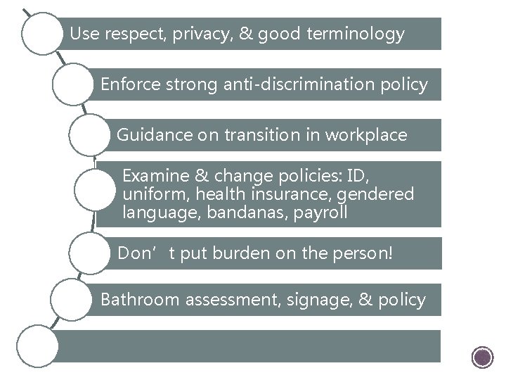 Use respect, privacy, & good terminology Enforce strong anti-discrimination policy Guidance on transition in