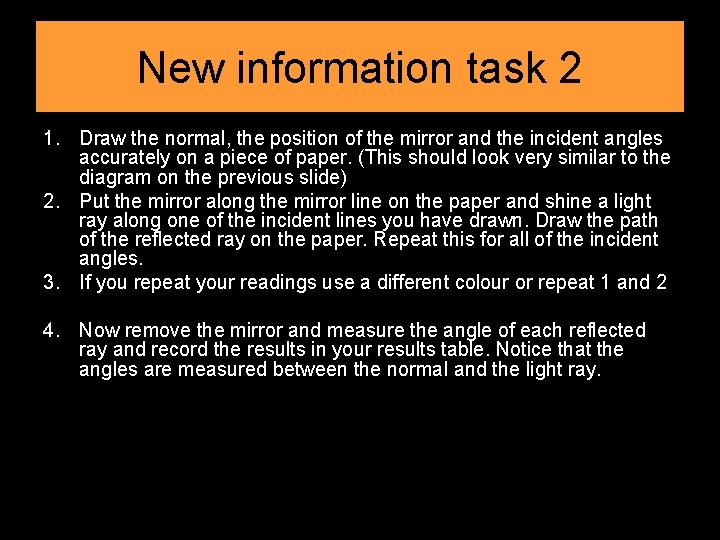 New information task 2 1. Draw the normal, the position of the mirror and