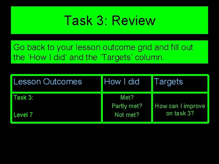 Task 3: Review Go back to your lesson outcome grid and fill out the