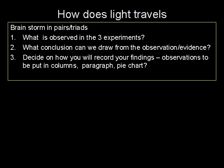 How does light travels Brain storm in pairs/triads 1. What is observed in the