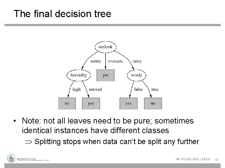 The final decision tree • Note: not all leaves need to be pure; sometimes