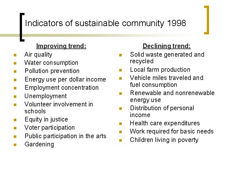Indicators of sustainable community 1998 n n n Improving trend: Air quality Water consumption