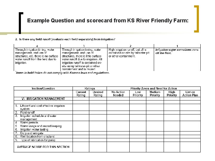 Example Question and scorecard from KS River Friendly Farm: 