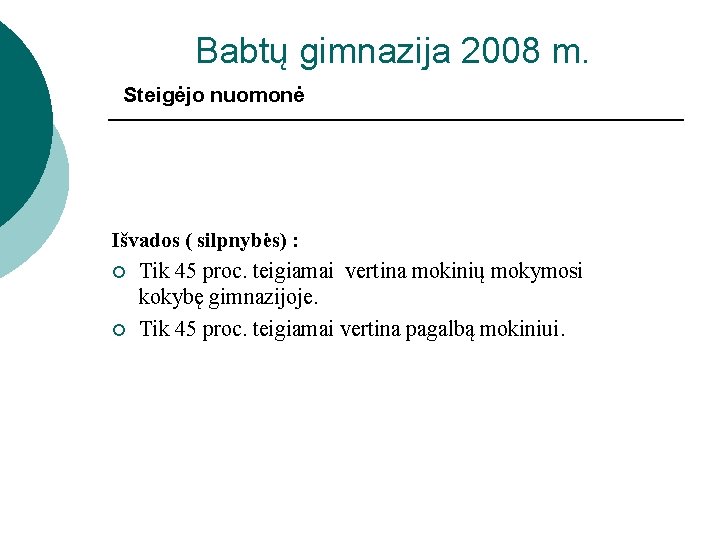 Babtų gimnazija 2008 m. Steigėjo nuomonė Išvados ( silpnybės) : ¡ Tik 45 proc.