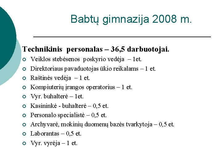 Babtų gimnazija 2008 m. Technikinis personalas – 36, 5 darbuotojai. ¡ ¡ ¡ ¡