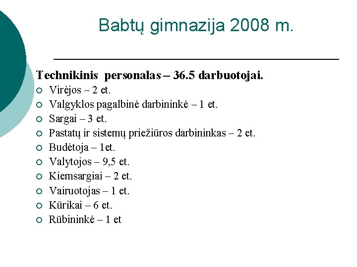 Babtų gimnazija 2008 m. Technikinis personalas – 36. 5 darbuotojai. ¡ ¡ ¡ ¡