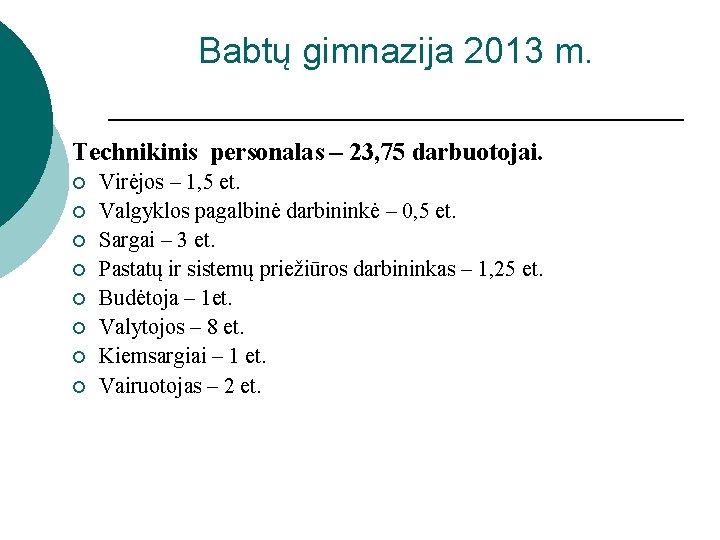 Babtų gimnazija 2013 m. Technikinis personalas – 23, 75 darbuotojai. ¡ ¡ ¡ ¡