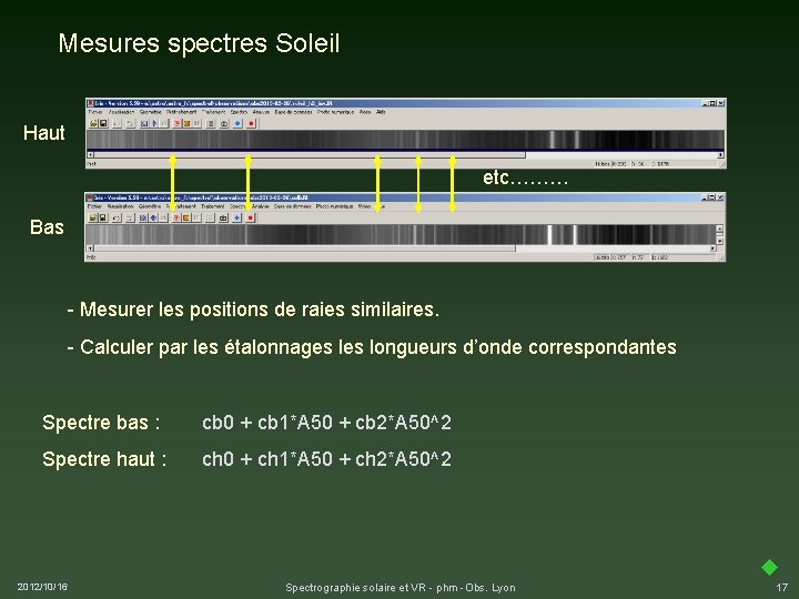 Mesures spectres Soleil Haut etc……… Bas - Mesurer les positions de raies similaires. -