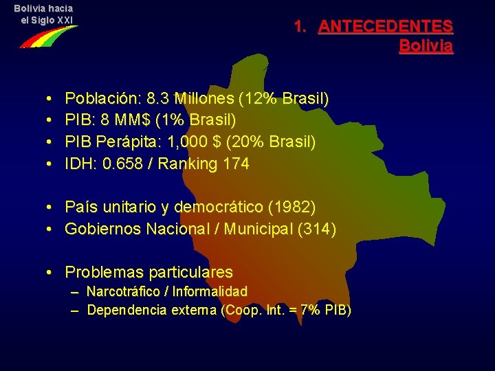 Bolivia hacia el Siglo XXI • • 1. ANTECEDENTES Bolivia Población: 8. 3 Millones