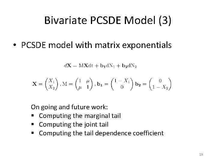 Bivariate PCSDE Model (3) • PCSDE model with matrix exponentials On going and future
