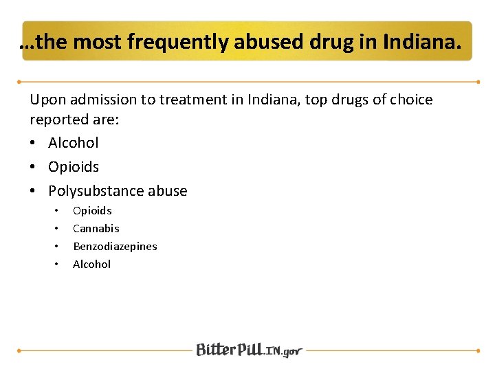 …the most frequently abused drug in Indiana. Upon admission to treatment in Indiana, top