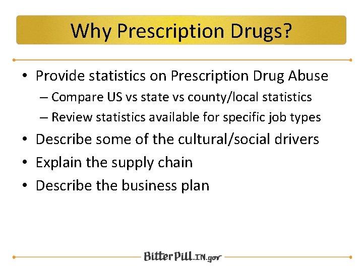 Why Prescription Drugs? • Provide statistics on Prescription Drug Abuse – Compare US vs